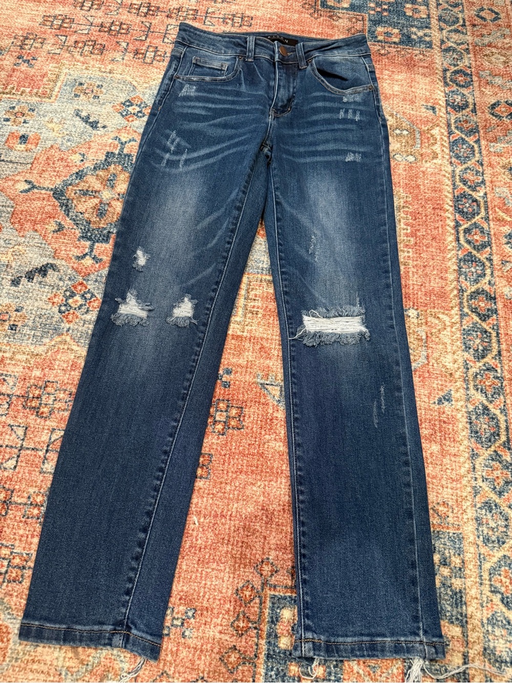 Women’s Straight Leg Distressed Jeans - Dark Blue